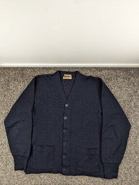 Vintage 40s Sand Knit Sweater Cardigan Wool Navy Blue Mens 42 (Large) 1940s 50s